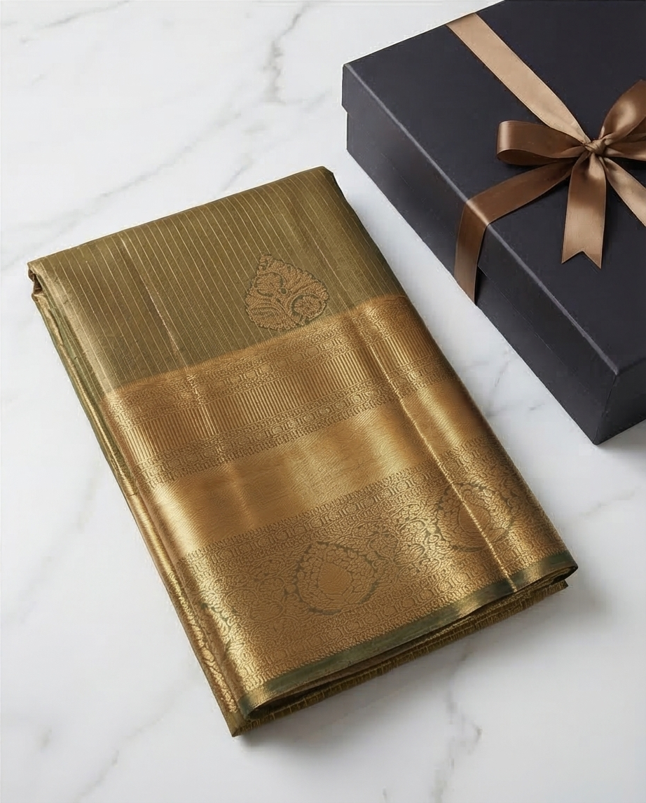 Mustard Gold Olive Green Semi Kanjivaram Silk Saree with Gold Zari Border