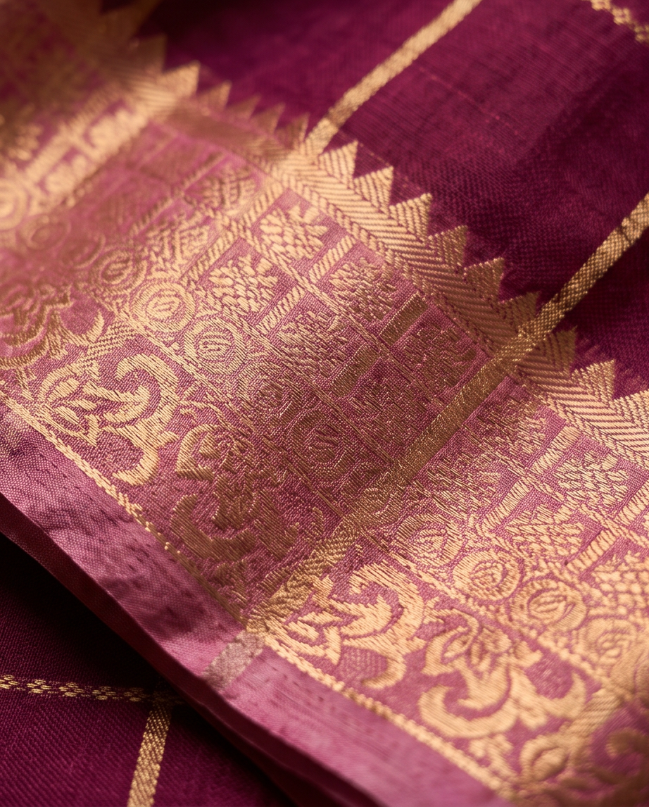 Classic Checkered Silk Saree with Grand Zari Border-maroon with dusty rose (SR-PSMP34)