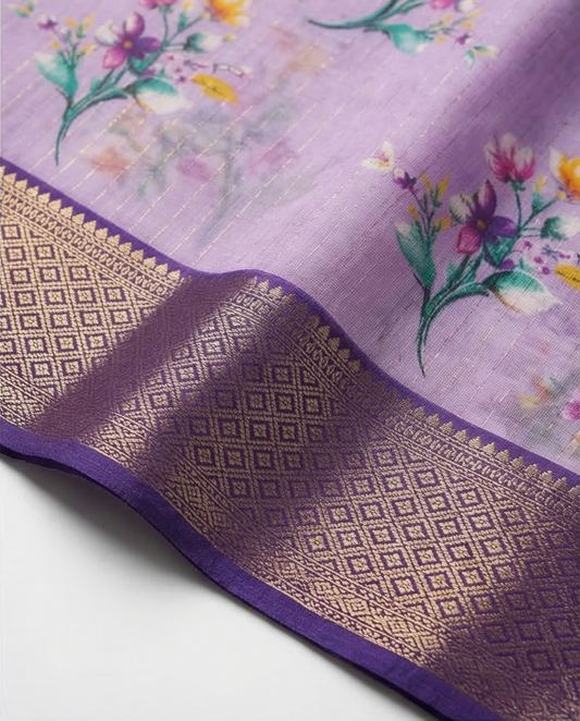 Soft Weave Saree – Purple Floral with Golden Zari Border - SR-PSMP6