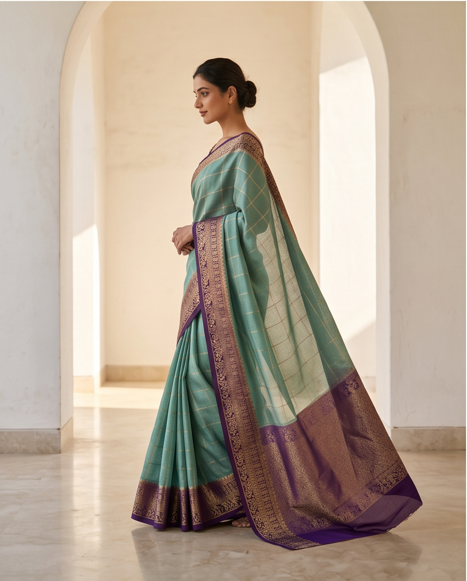 Classic Checkered Silk Saree with Grand Zari Border-mint green with dark purple (SR-PSMP36)