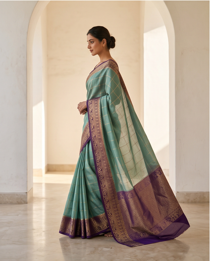 Classic Checkered Silk Saree with Grand Zari Border-mint green with dark purple (SR-PSMP36)