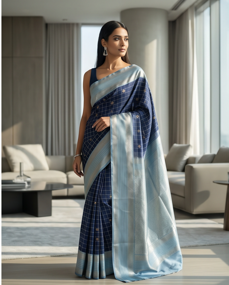 Contemporary Checks, Classic Elegance Sarees-Dark blue (SR-PSMP19)