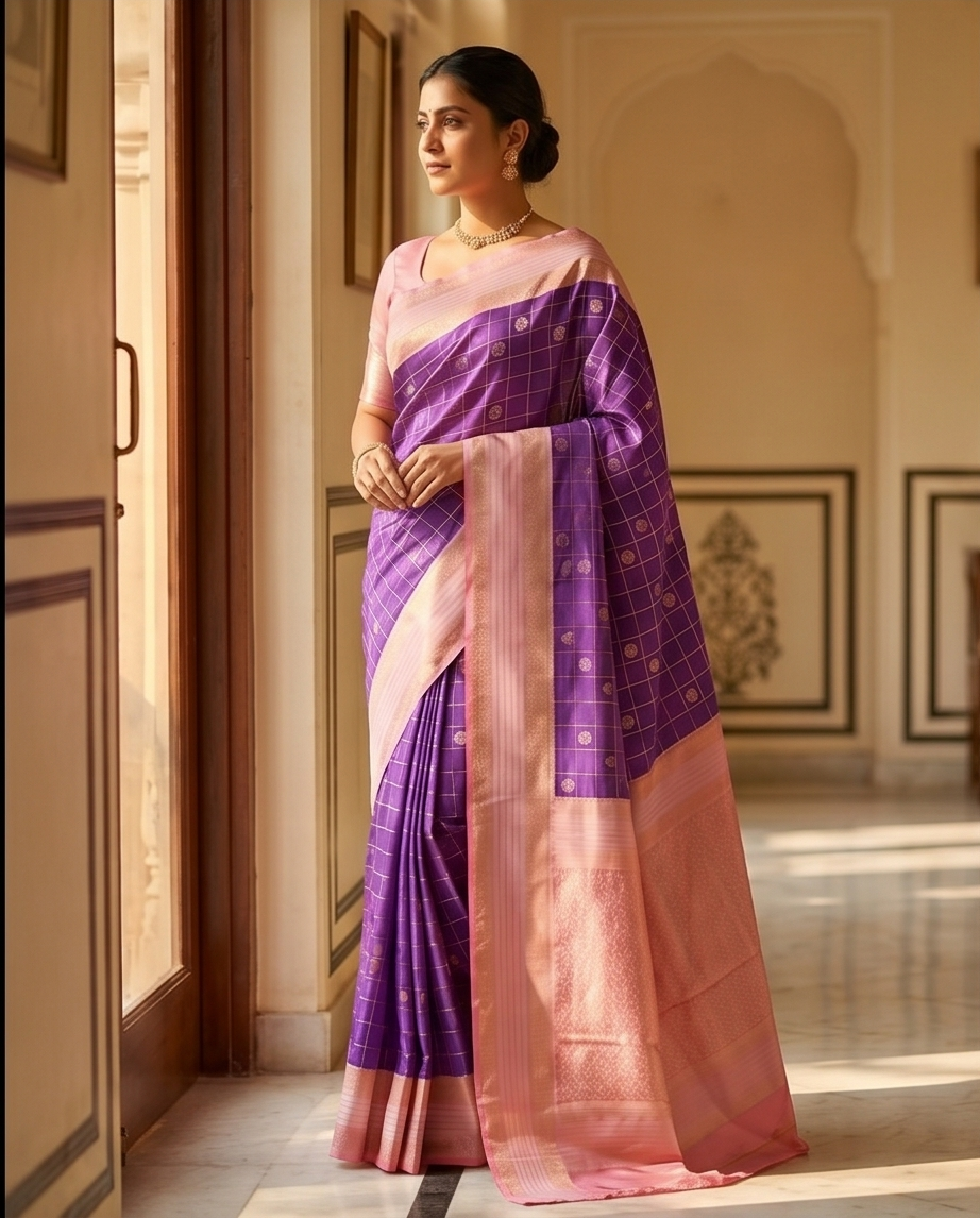 Contemporary Checks, Classic Elegance Sarees - Deep purple (SR-PSMP18)