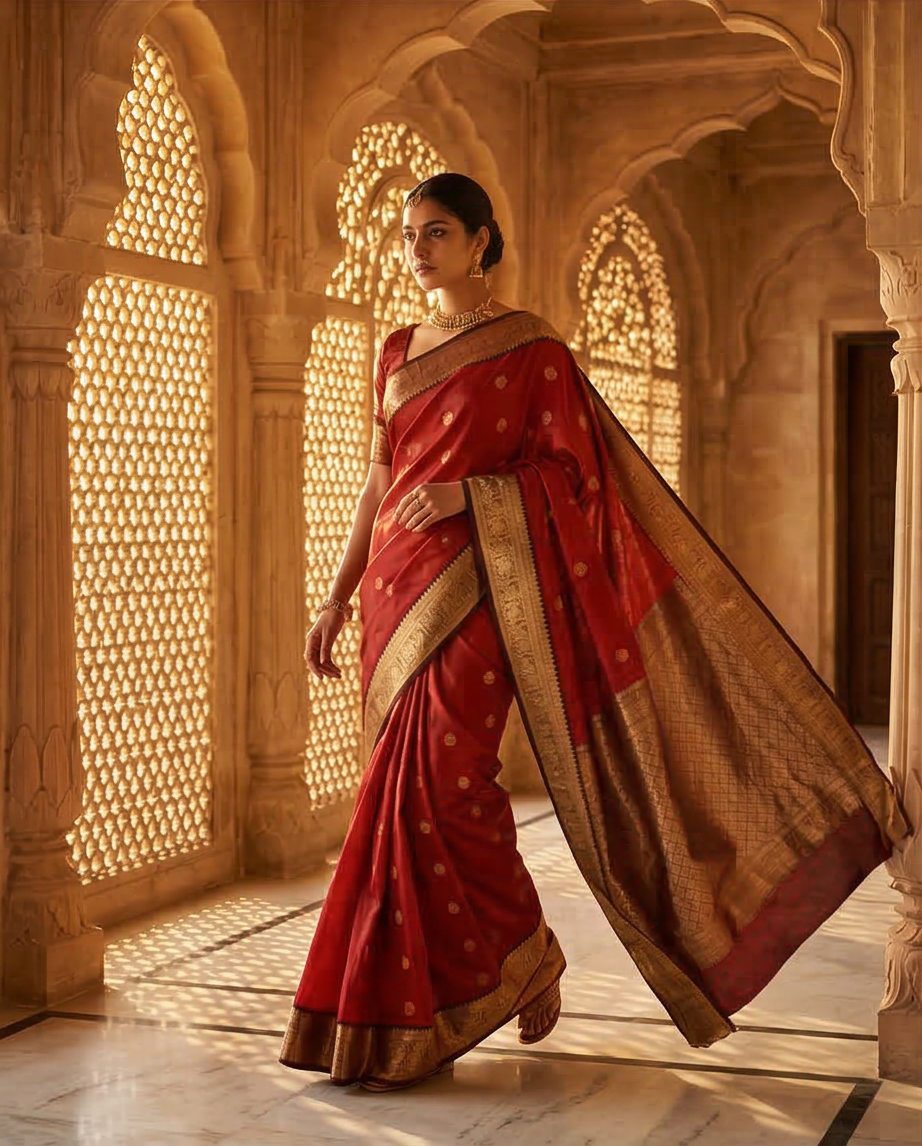 Orange Pure Kanchipuram Silk Saree with Intricate Golden Zari Motifs & Rich Traditional Border - SR-MSP42