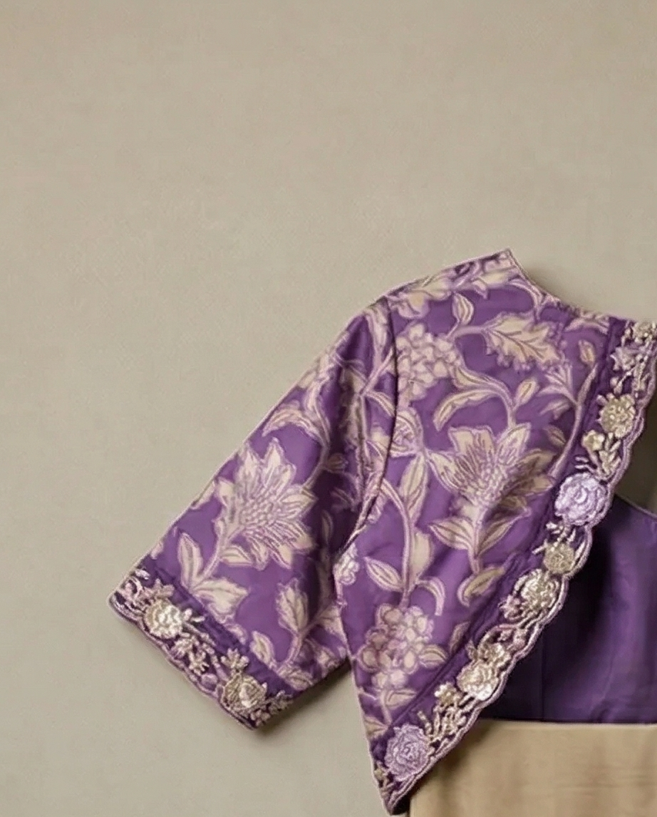 Beige Organza Saree with Purple Floral Brocade Blouse - SR-KP6