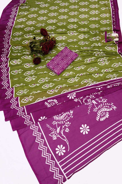 Olive Green Mulmul Cotton Saree with White Block Print & Magenta - SR-KEP9