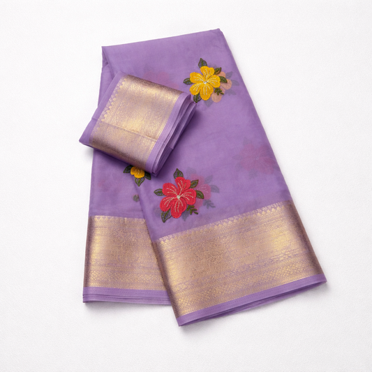 Organza Silk Saree with Multicolour Floral Embroidery & Gold Zari Border - SR-DFP3-Lavender-Pink-Red-Deep Purple-Orange-Maroon-Mustard Yellow