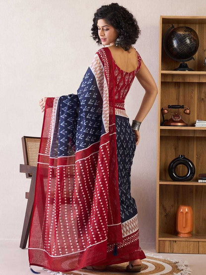 Dark Blue Mulmul Cotton Saree with White Block Print & Red - SR-KEP10