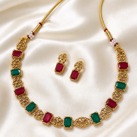 Green and Pink Jyothika Necklace with Earrings (NRW-97)