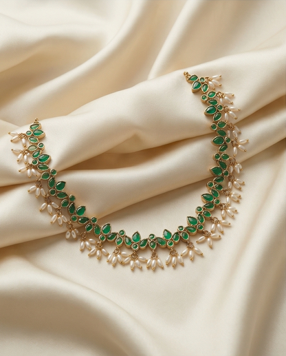 Emerald green stone with pearl rice beads Necklace with Earrings (NRW20)