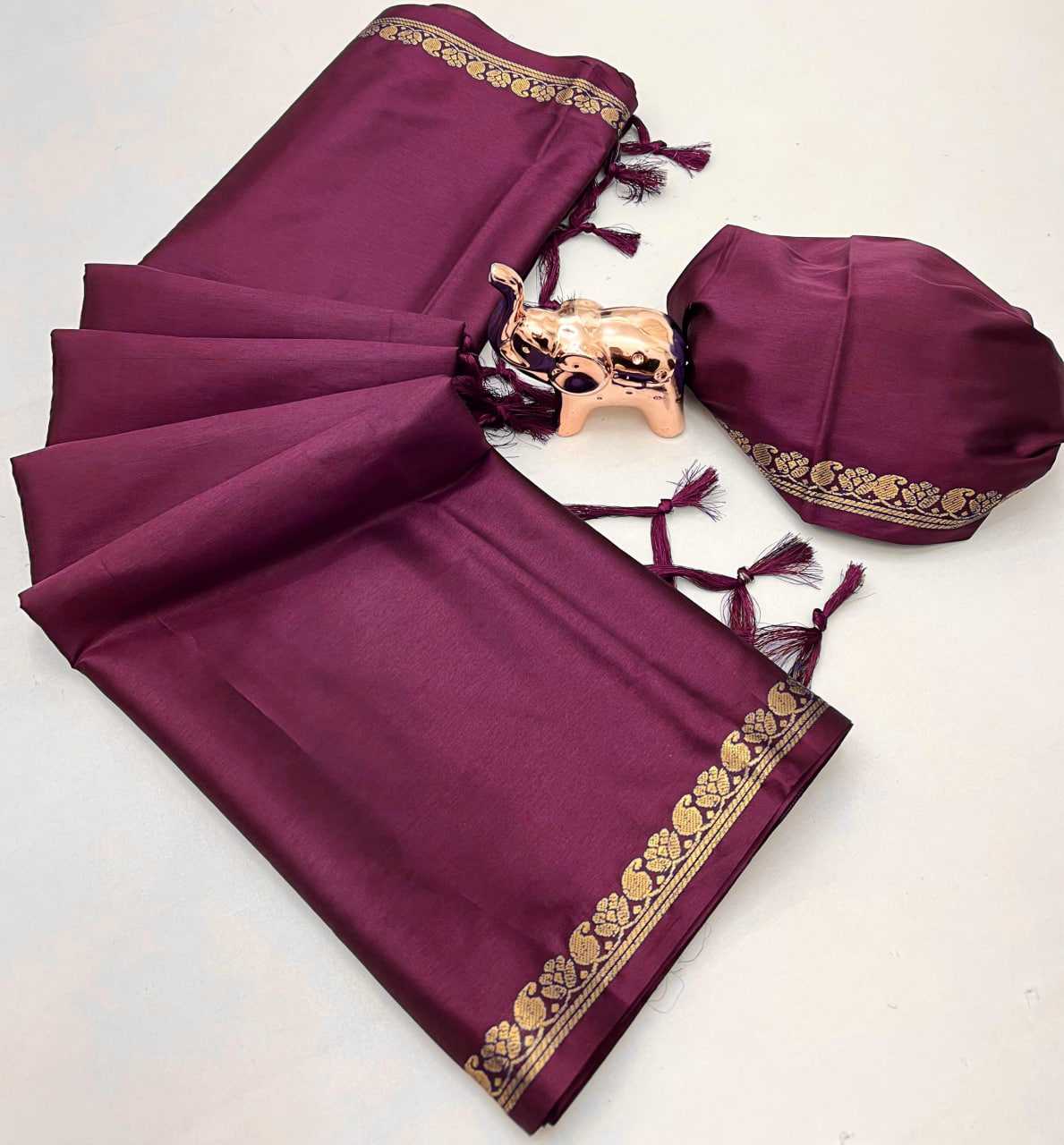Deep Wine Semi Mysore Silk Saree with Gold Stripe Pallu & Zari Border - SR-KEP6