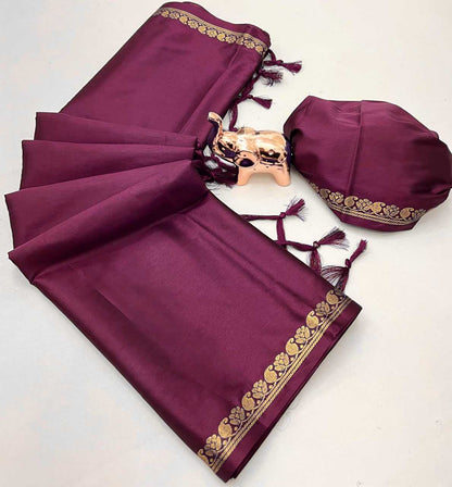 Deep Wine Semi Mysore Silk Saree with Gold Stripe Pallu & Zari Border - SR-KEP6