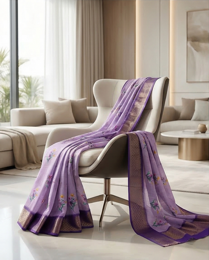 Soft Weave Saree – Purple Floral with Golden Zari Border - SR-PSMP6