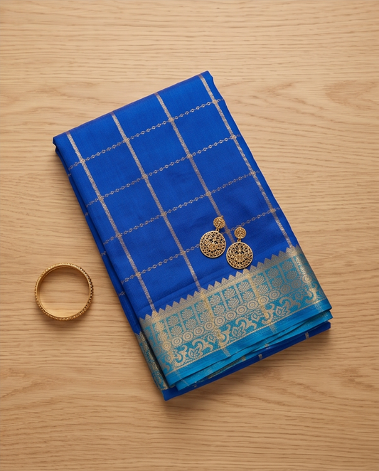 Classic Checkered Silk Saree with Grand Zari Border-blue with sky blue (SR-PSMP37)