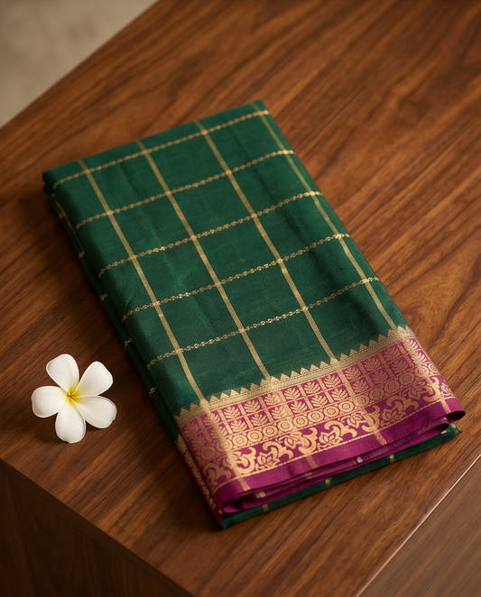 Classic Checkered Silk Saree with Grand Zari Border-Dark green with purple (SR-PSMP35)