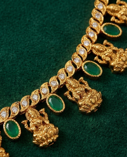 Vintage Lakshmi and green stone Necklace with Earrings (NRW34)