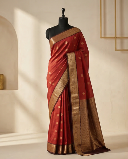 Orange Pure Kanchipuram Silk Saree with Intricate Golden Zari Motifs & Rich Traditional Border - SR-MSP42