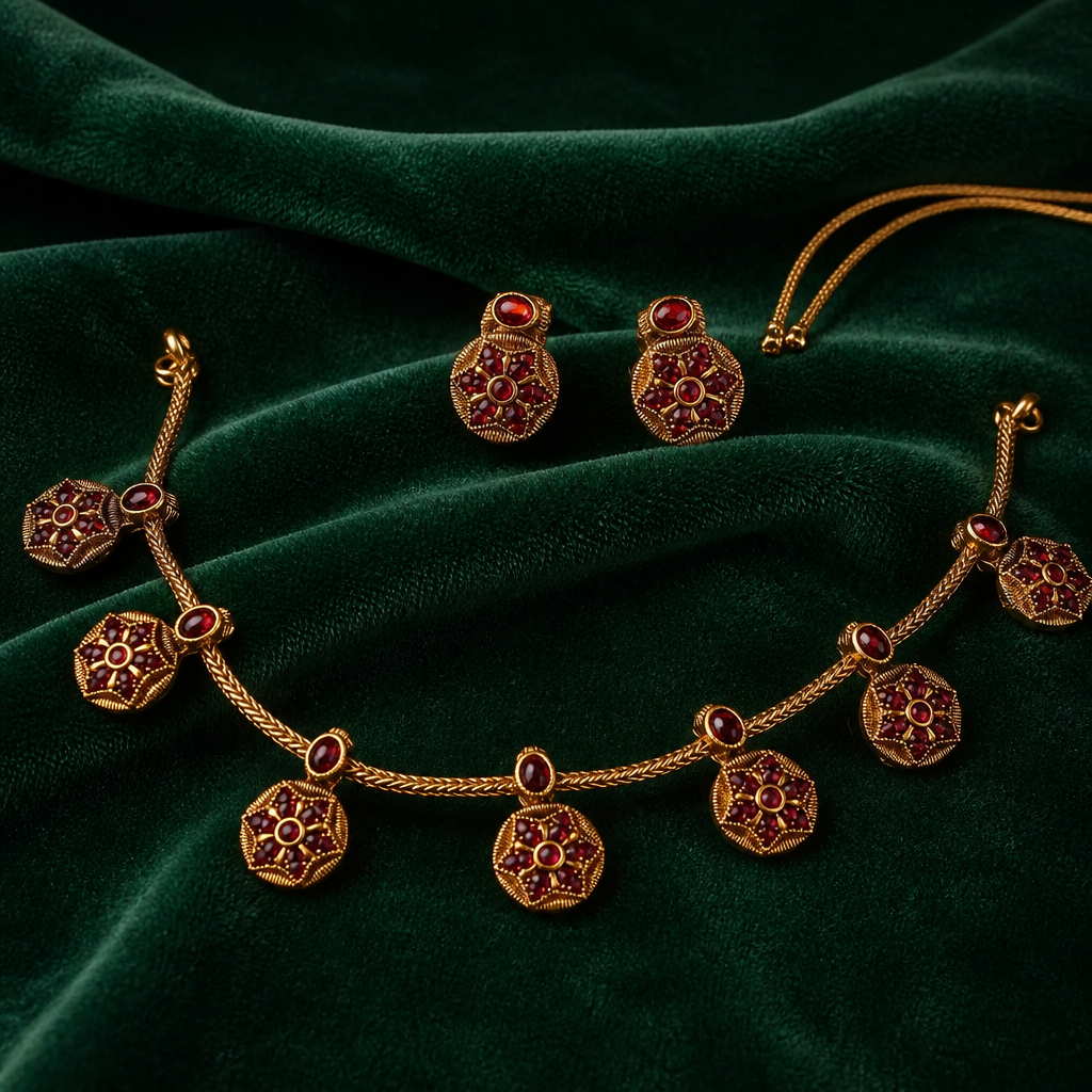 Round flower Pattern Necklace with Earrings- Red (NRW-55)
