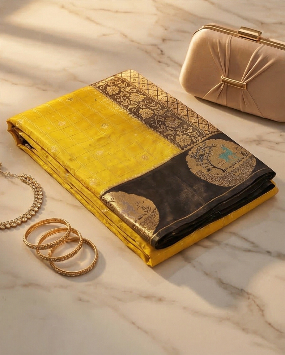 Soft, woven traditional fabric with rich zari work premium Saree (SR-MSP4)-Yellow & Black