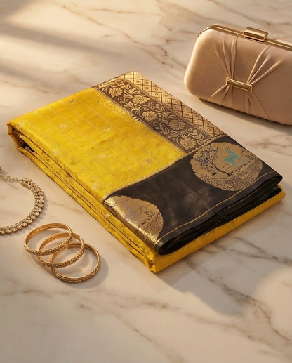 Soft, woven traditional fabric with rich zari work premium Saree (SR-MSP4)-Yellow & Black