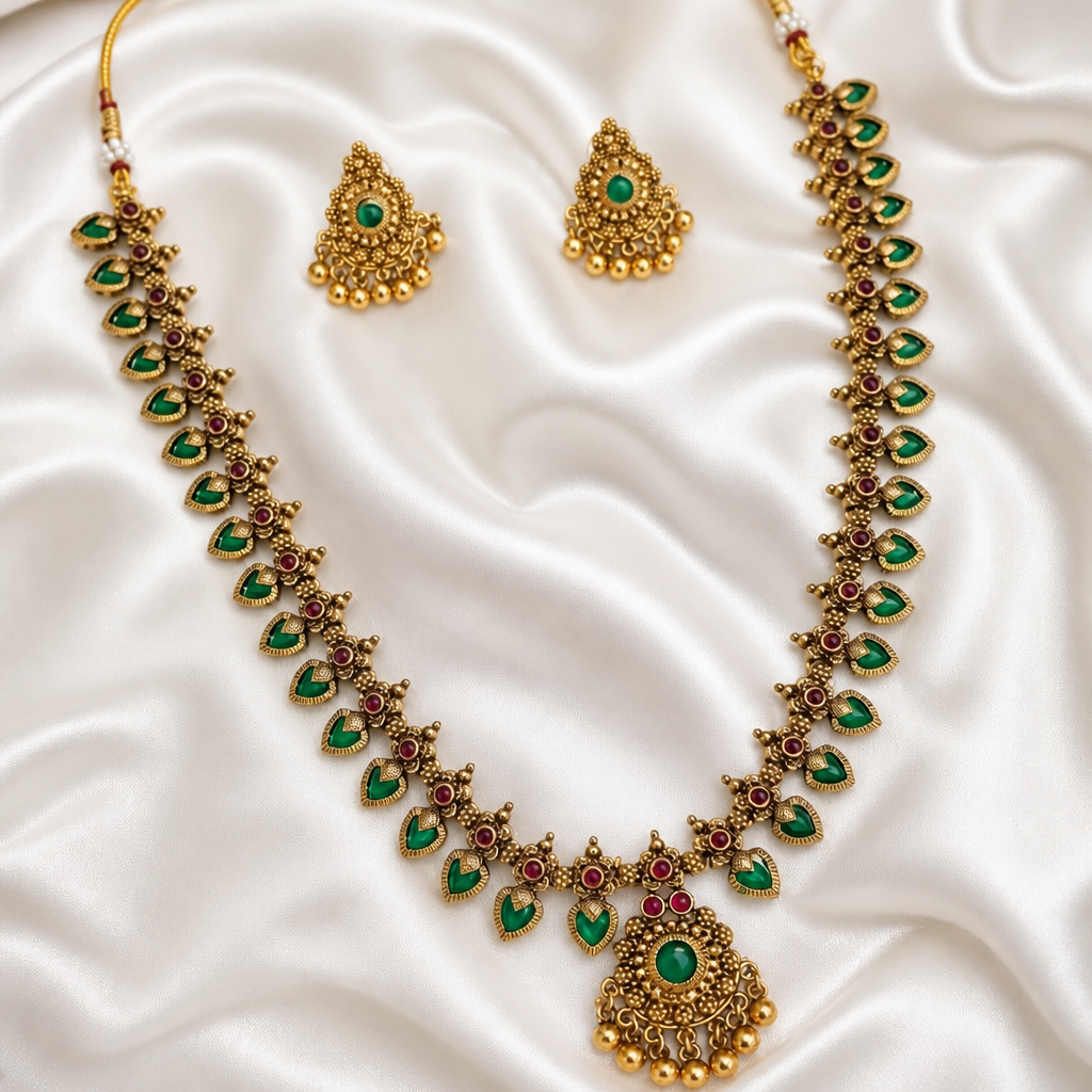 Long Necklace with Earrings - Green (NRW-100)
