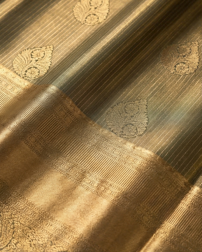 Mustard Gold Olive Green Semi Kanjivaram Silk Saree with Gold Zari Border