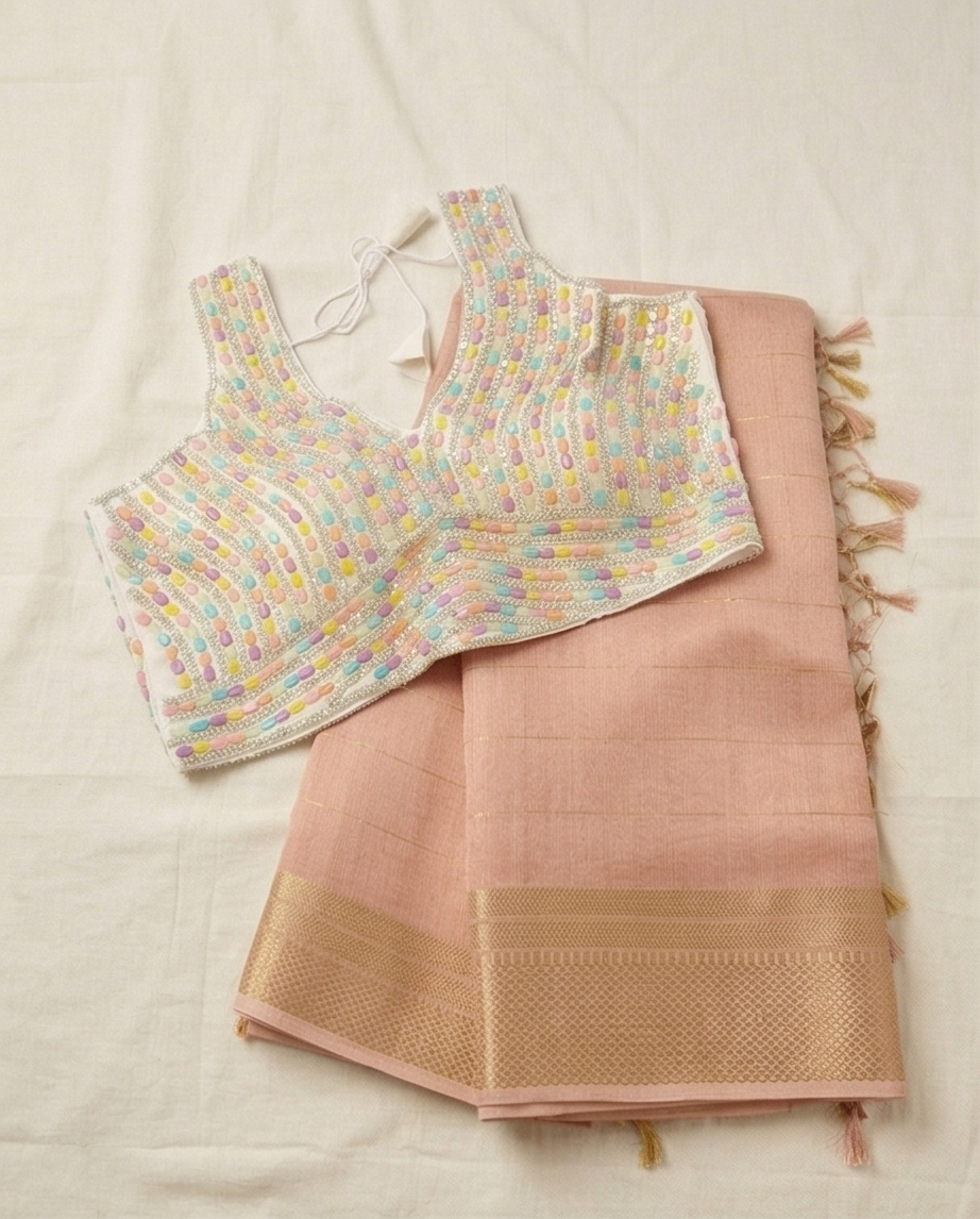 Light Pink Golden Checks Border Saree with Ready Blouse (SR-SP25)