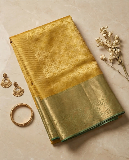 Mustard Yellow Semi Kanjivaram Silk Saree with Gold Zari Border