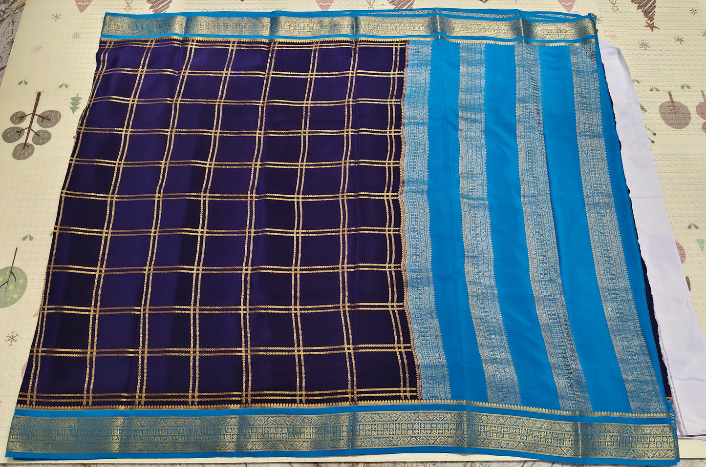 Pure Mysore Silk Saree (120 GSM) - SR-PSMP1-Dark blue with sky blue