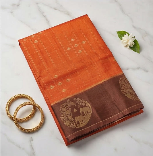 "Golden Hathi" Art Silk Saree (SR-MSP8)-Mustard Orange with dark brown
