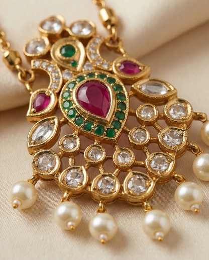 Double layer long short chain with beautiful pendant with Earrings (NRW35)