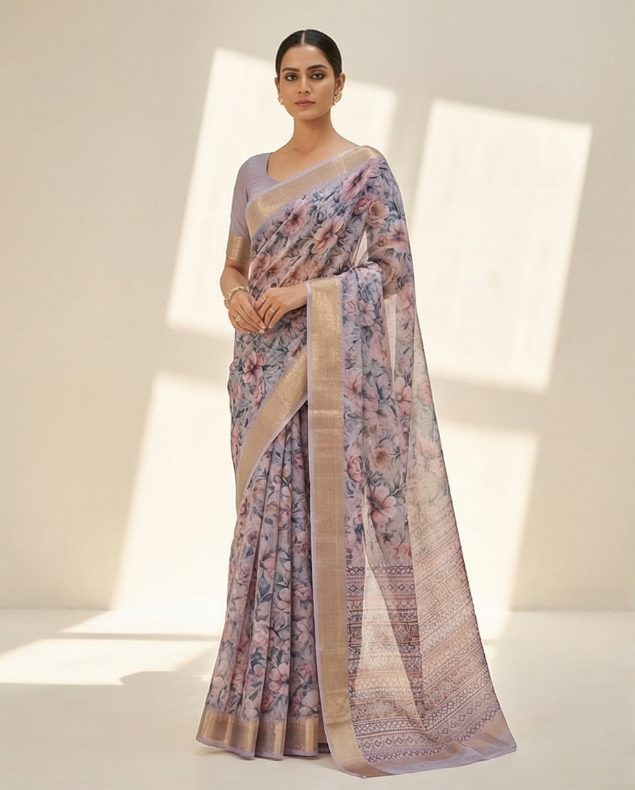 Grey Floral Synthetic Saree (SR-SP5)