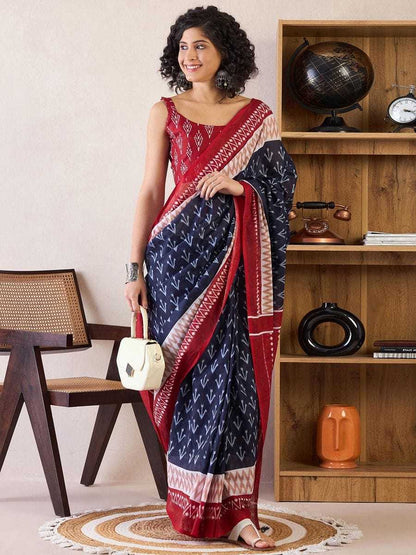 Dark Blue Mulmul Cotton Saree with White Block Print & Red - SR-KEP10