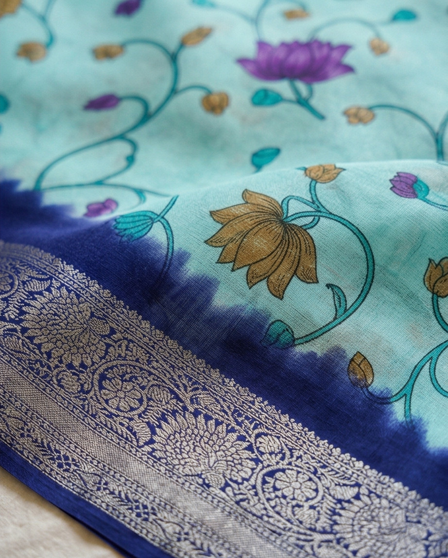 Sky-blue with Blue Floral Design Synthetic Border Saree (SR-SP19)