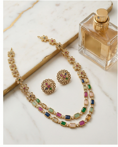 Navaratna double layer Necklace with Earrings (NRW36)