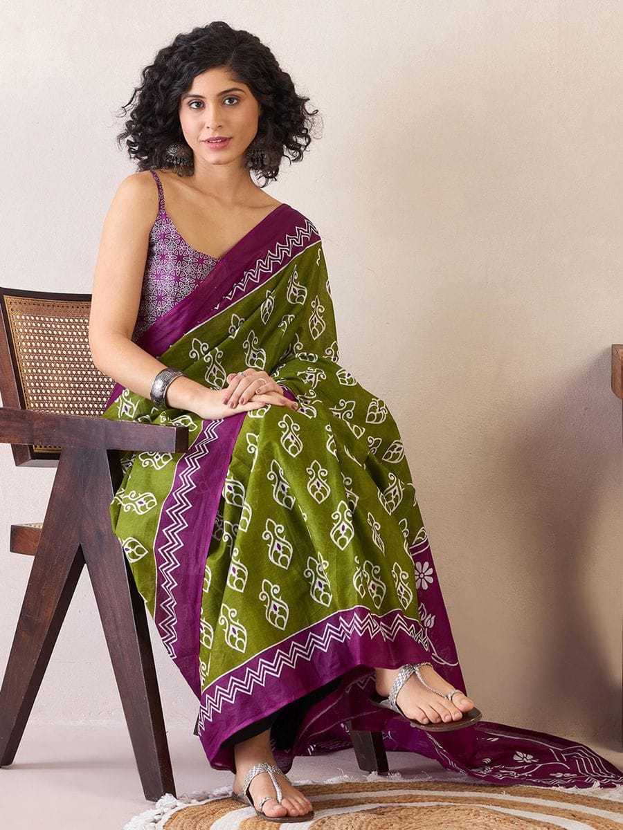 Olive Green Mulmul Cotton Saree with White Block Print & Magenta - SR-KEP9