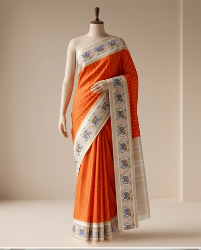Premium Crepe silk with kalamkari border design-Orange(SR-MSP29)