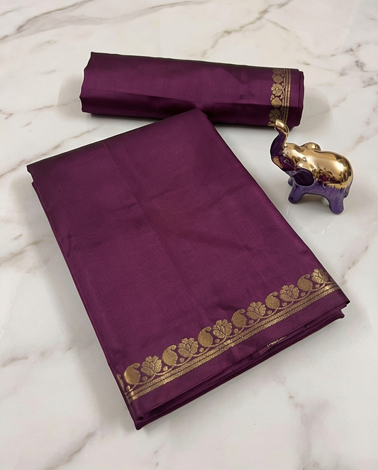 Deep Wine Semi Mysore Silk Saree with Gold Stripe Pallu & Zari Border - SR-KEP6