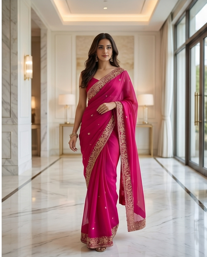 Pink Designer Saree with Net Embroidery Blouse Piece (SR-SP41)