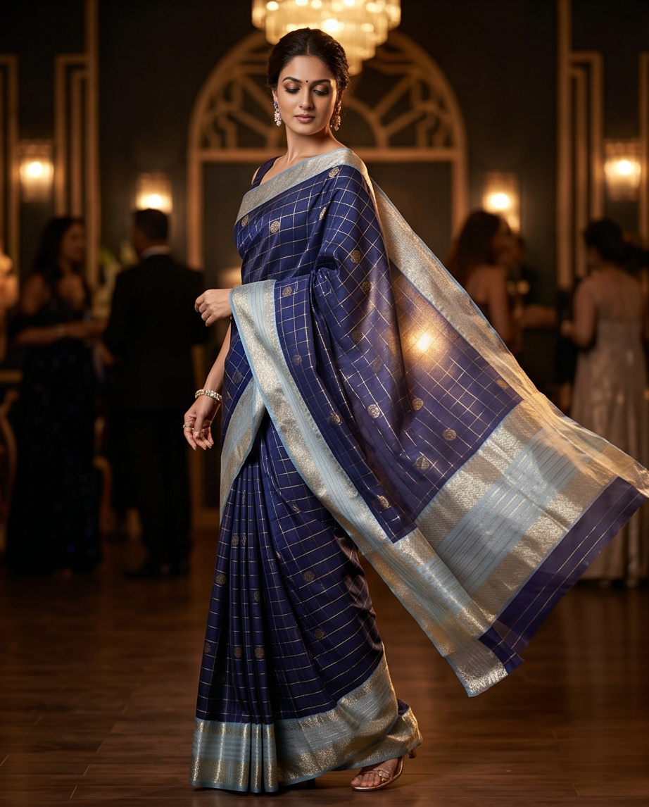 Contemporary Checks, Classic Elegance Sarees-Dark blue (SR-PSMP19)