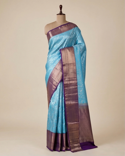 Blue Pure Kanchipuram Silk Saree with Silver Floral Brocade & Deep Purple Zari Border - SR-MSP32