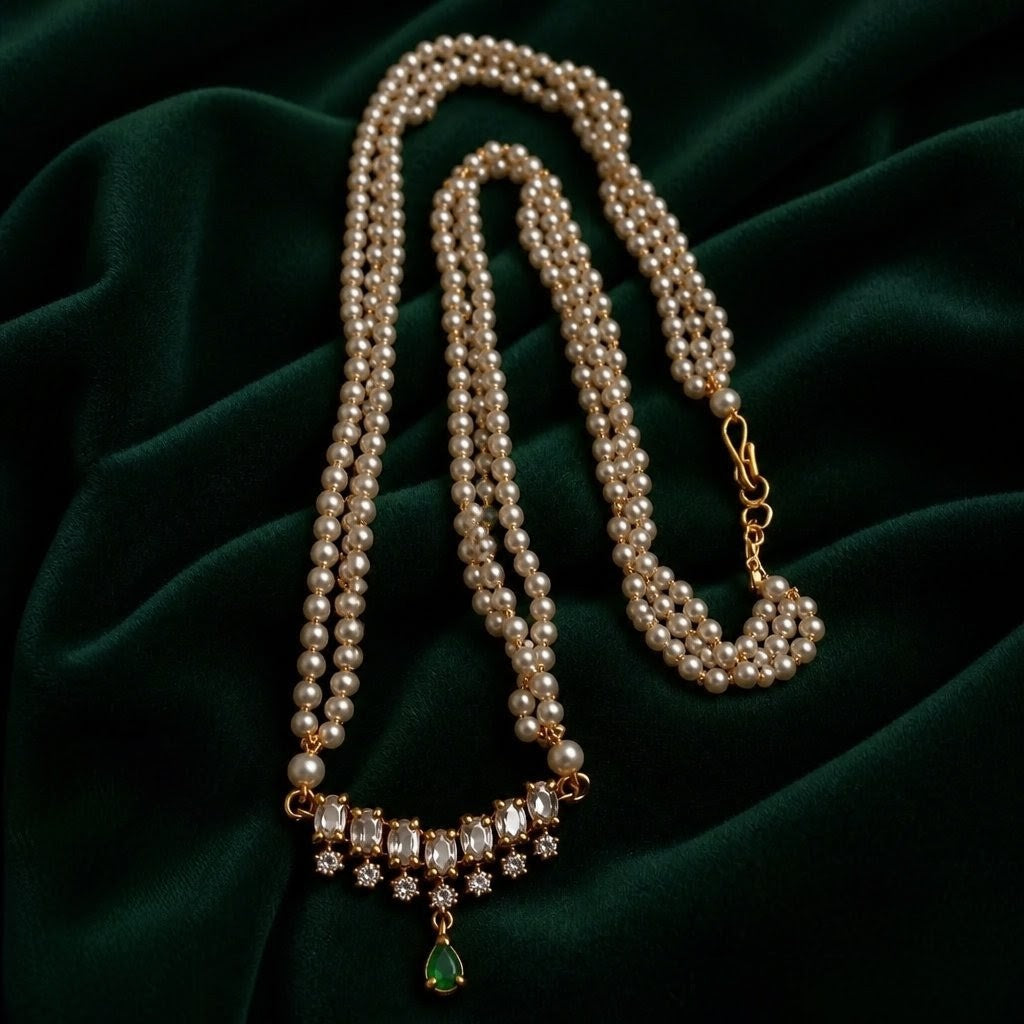 Muktavali white with Green stone Pendant with Pearl Haram - NRW-117