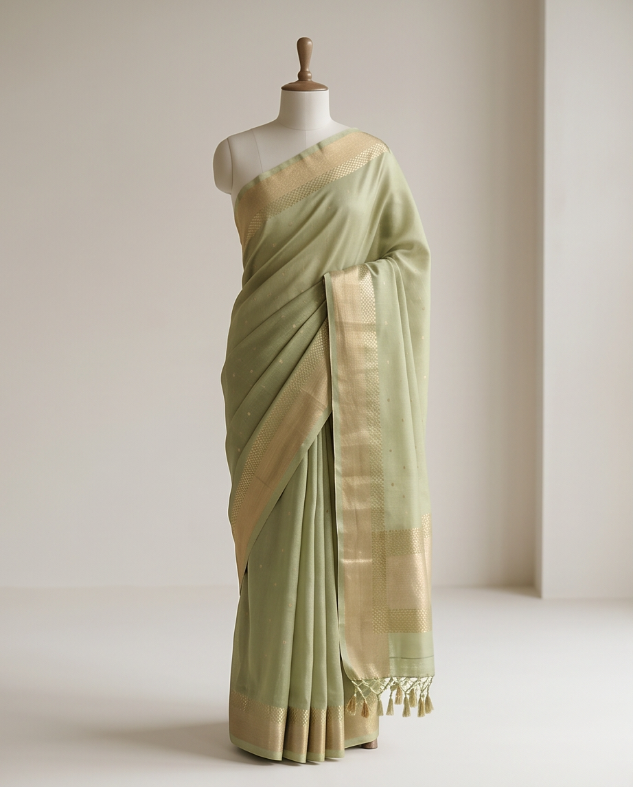 Classic Handloom Tassel Saree-light green or sage green (SR-PSMP40)