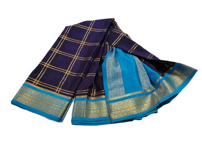 Pure Mysore Silk Saree (120 GSM) - SR-PSMP1-Dark blue with sky blue