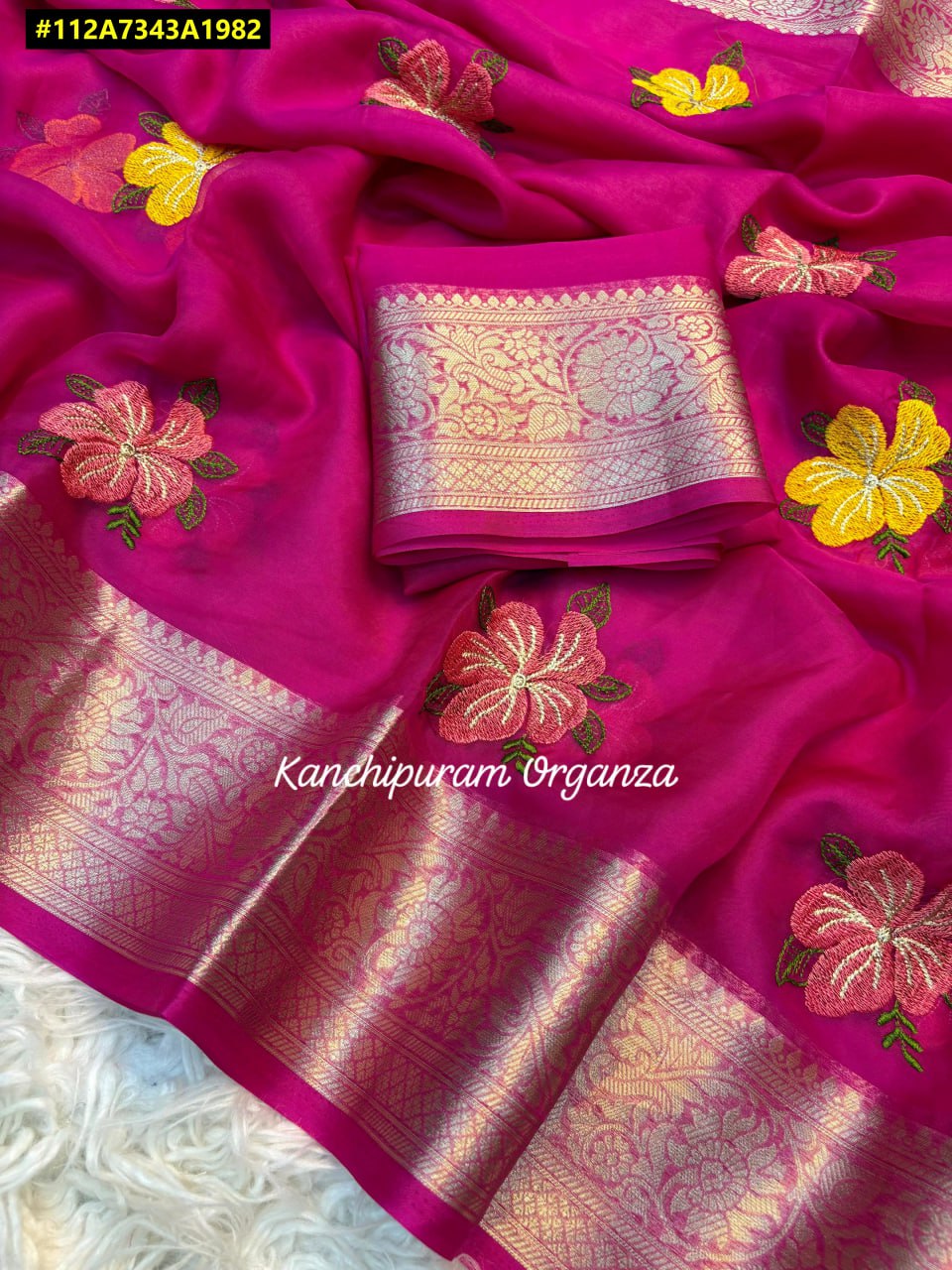 Organza Silk Saree with Multicolour Floral Embroidery & Gold Zari Border - SR-DFP3-Pink