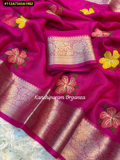 Organza Silk Saree with Multicolour Floral Embroidery & Gold Zari Border - SR-DFP3-Pink