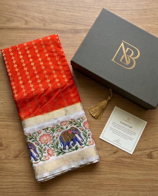 Premium Crepe silk with kalamkari border design-Orange(SR-MSP29)