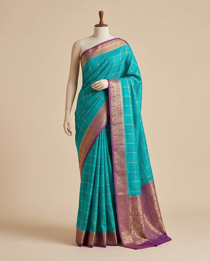 Classic Checkered Silk Saree with Grand Zari Border-Ramagreen with purple (SR-PSMP31)