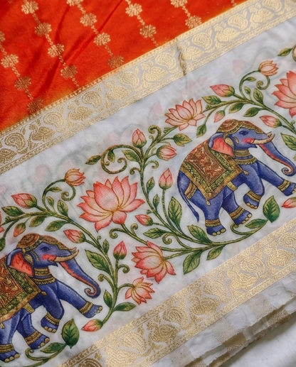 Premium Crepe silk with kalamkari border design-Orange(SR-MSP29)
