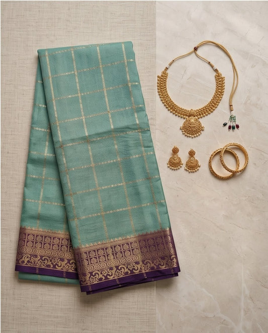 Classic Checkered Silk Saree with Grand Zari Border-mint green with dark purple (SR-PSMP36)